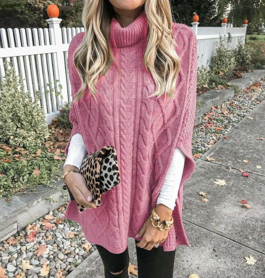 Damen Kuschelponcho mit hohem Kragen und Zopfmuster R&B