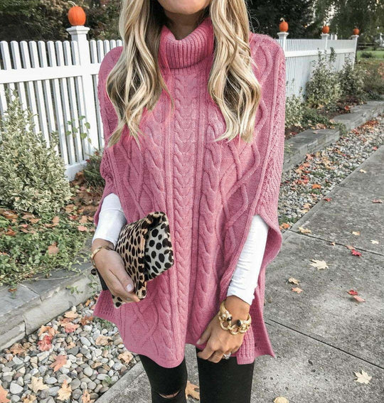 Damen Kuschelponcho mit hohem Kragen und Zopfmuster R&B