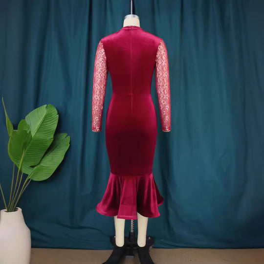 Damen Elegant Fit-and-Flare Kleid mit Spitzenärmeln R&B