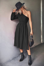 Damen Midikleid mit asymmetrischem One-Shoulder-Design und elastischem Taillengürtel R&B