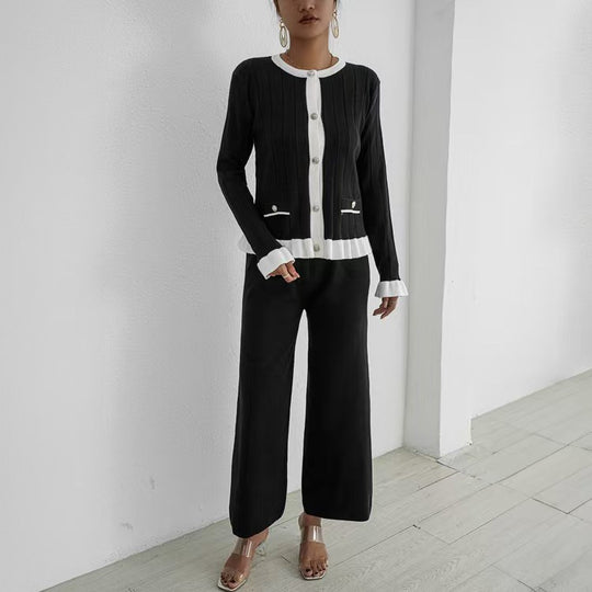 Damen elegantes Strick-Loungewear-Set mit dekorativen Details R&B