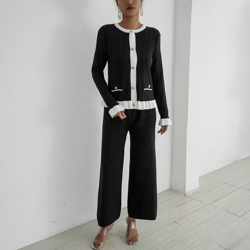 Damen elegantes Strick-Loungewear-Set mit dekorativen Details R&B