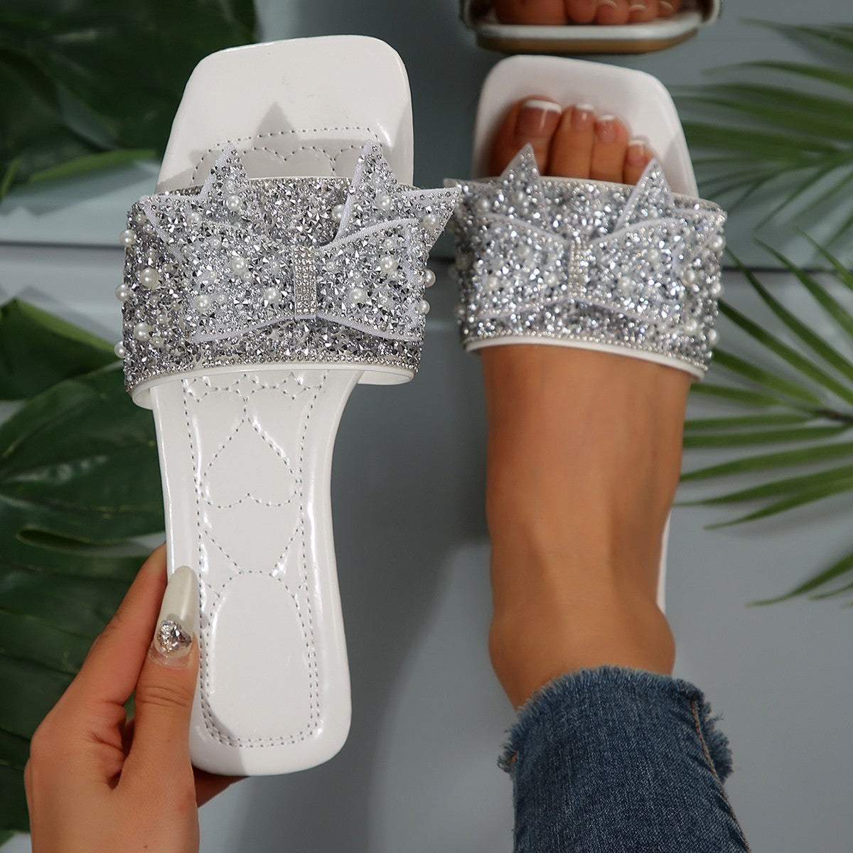 Damen modische Pantoletten mit glamourösen Ziersteinen und elegantem Design R&B