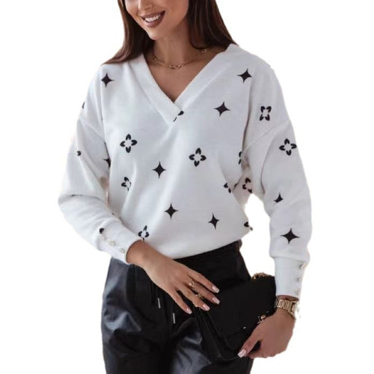 Damen lässiger Pullover mit V-Ausschnitt und stilvoller Musterung R&B