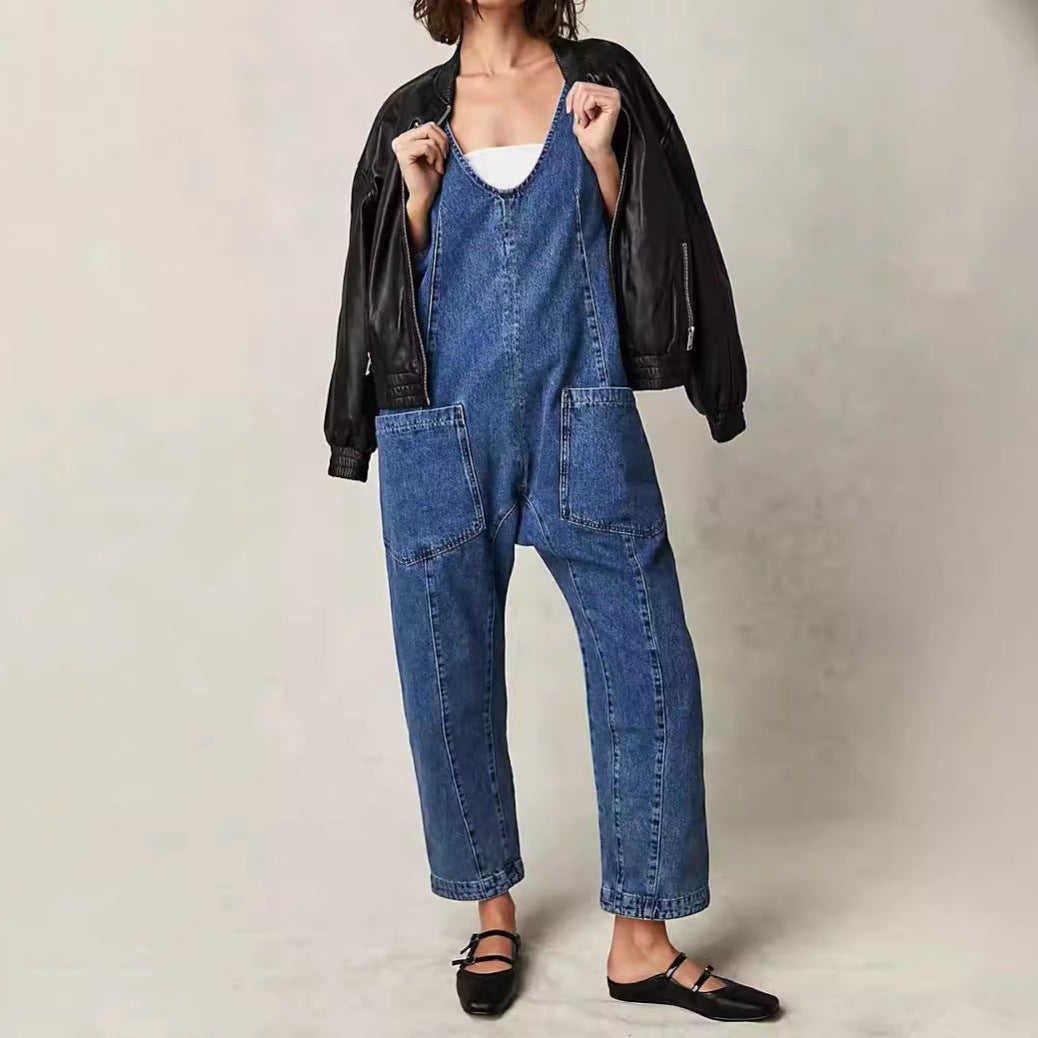 Damen Lässiger Denim-Overall mit großen Taschen R&B