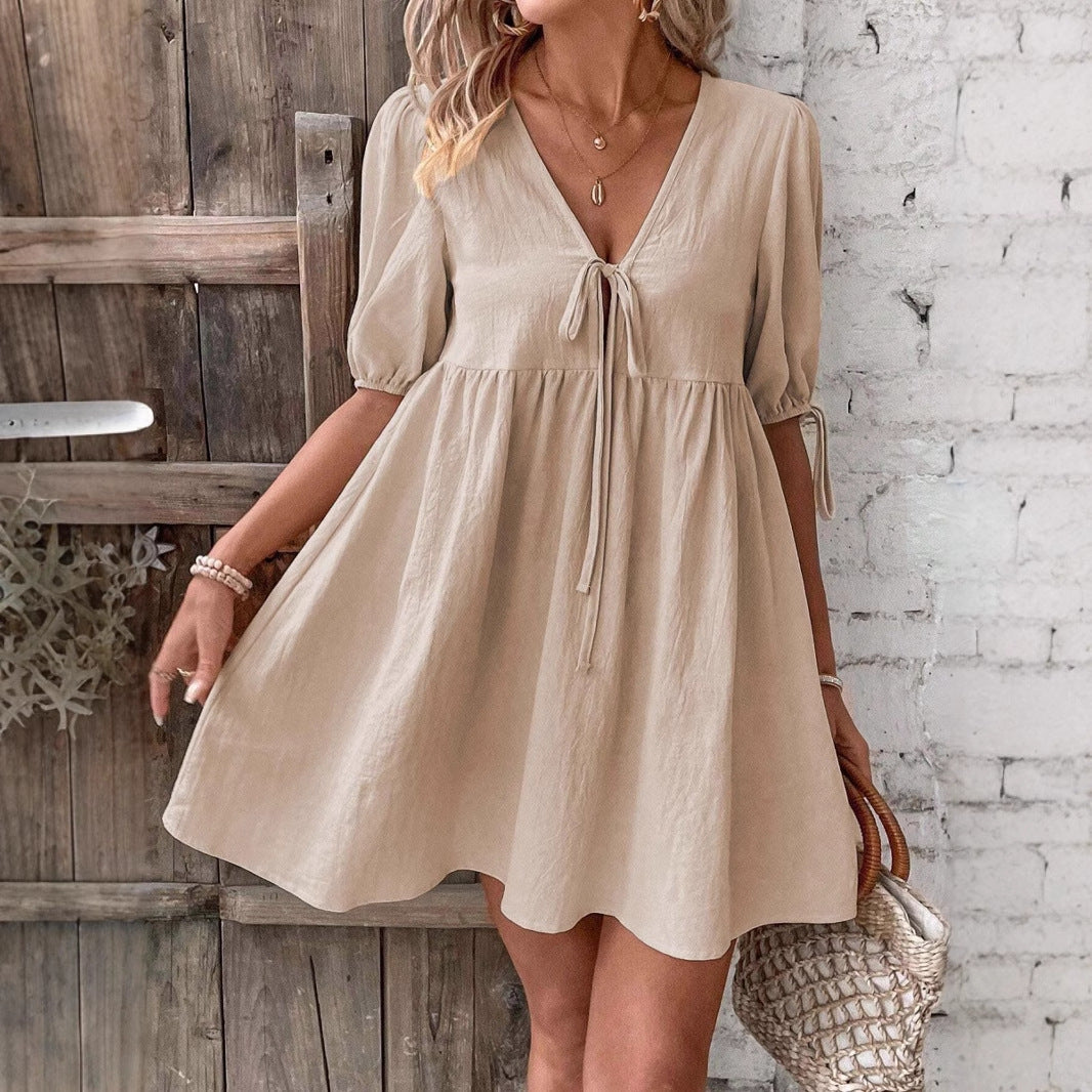 Damen luftiges Sommerkleid mit V-Ausschnitt und Raffungen R&B