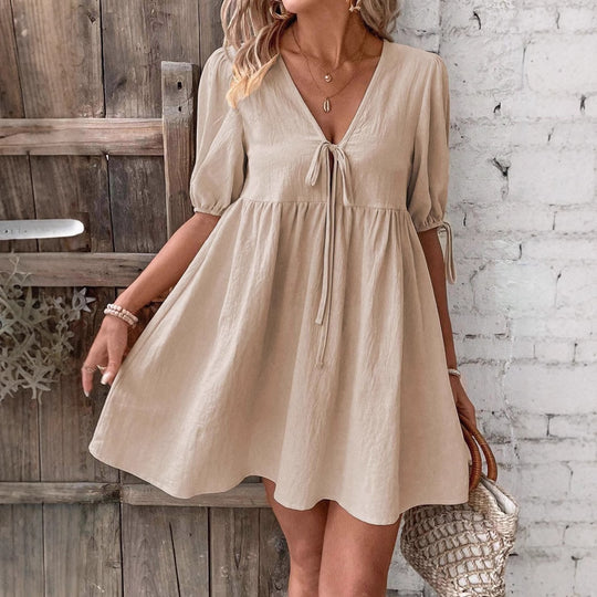 Damen luftiges Sommerkleid mit V-Ausschnitt und Raffungen R&B