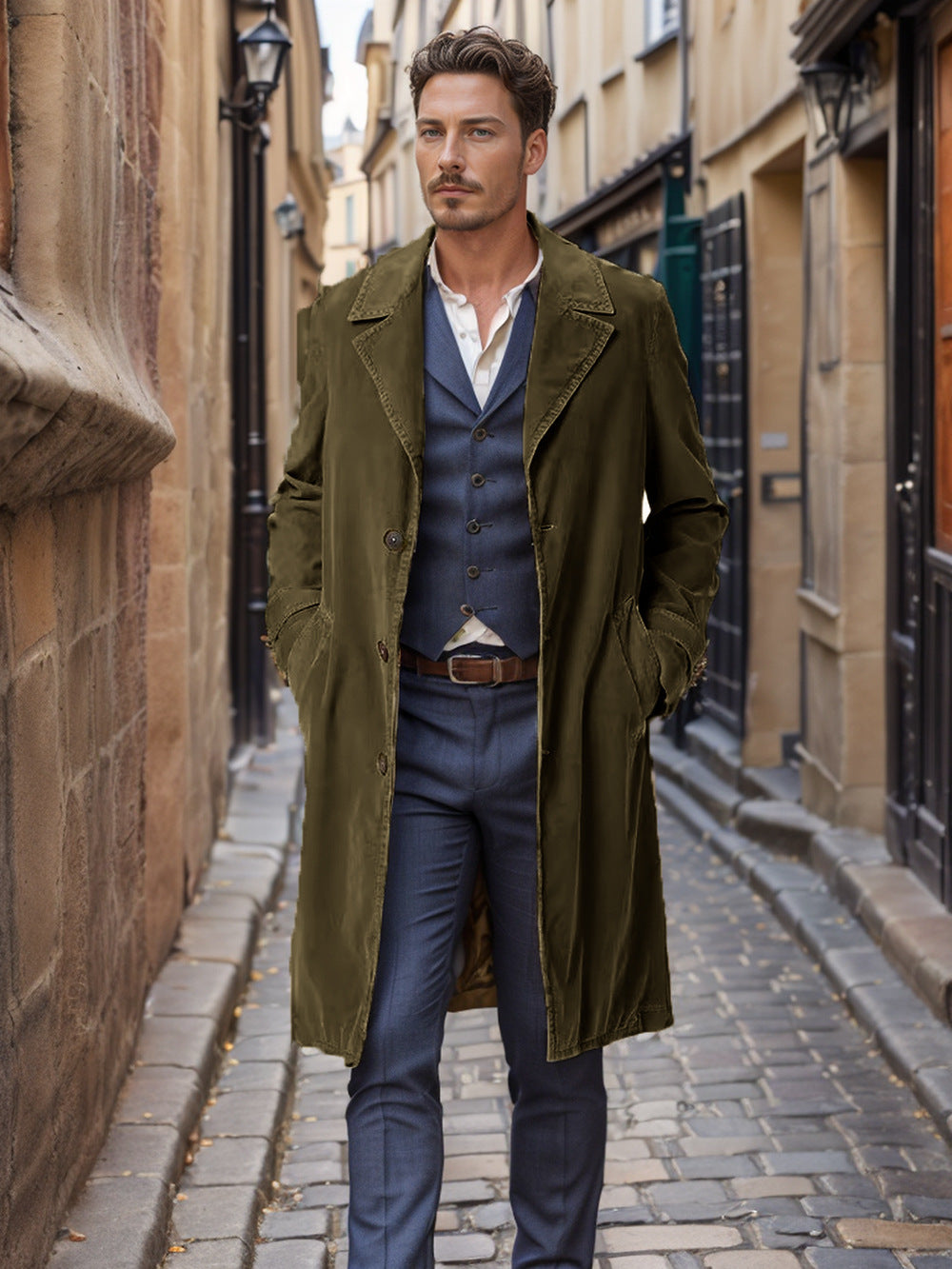 Herren eleganter Trenchcoat aus hochwertigem Gewebe mit praktischen Taschen R&B