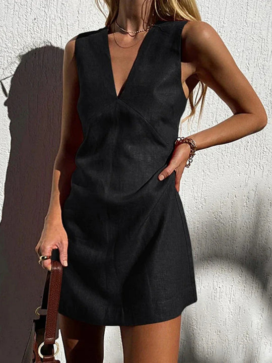 Damen leichtes Leinenkleid mit tiefem V-Ausschnitt und ärmellosem Design R&B