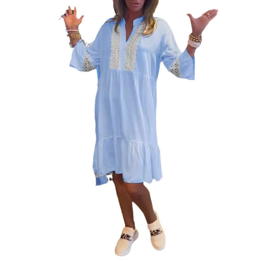 Damen nan lockeres Babydoll-Tunikakleid mit Spitzenpasse, V-Ausschnitt, Stehkragen und Stufenvolant R&B