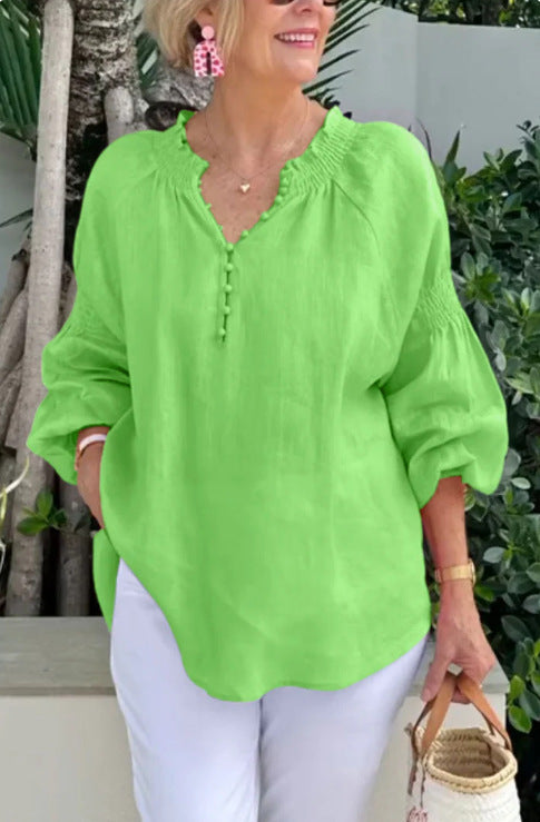 Damen lässige Kleidungsbluse mit Ballonärmeln und Knopfleiste R&B