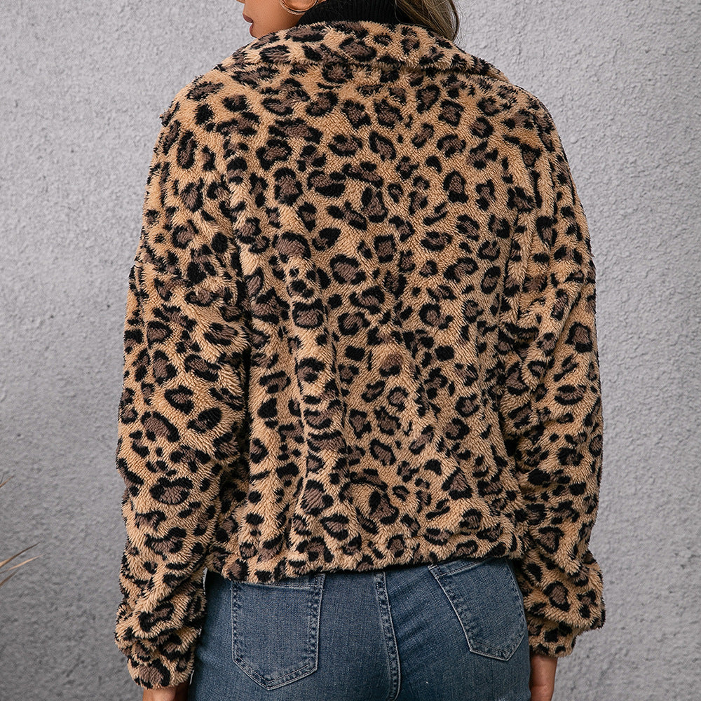 Damen Fleecejacke mit Leoparddruck und seitlichen Taschen R&B