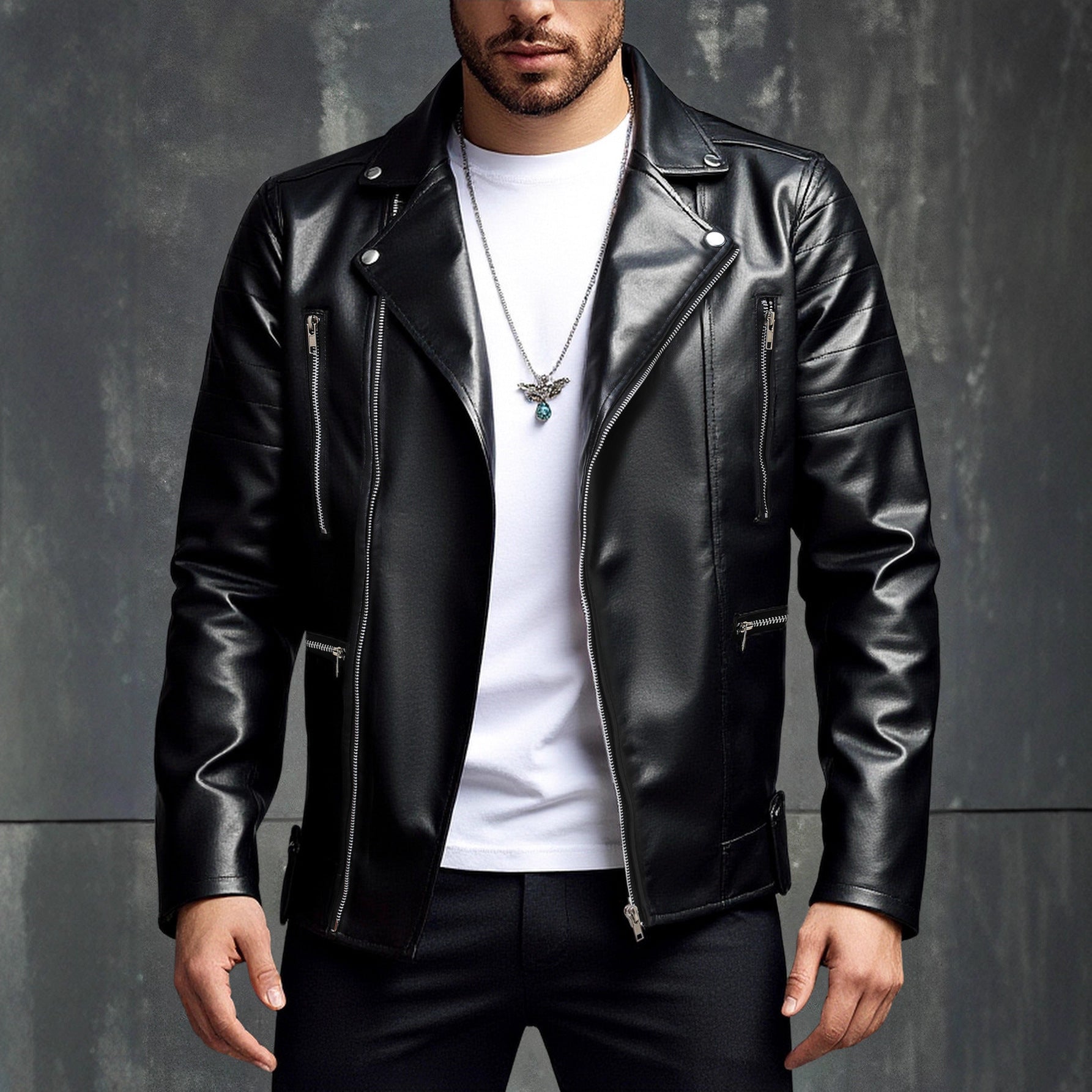 Herren Kunstleder Motorradjacke mit Reißverschluss R&B