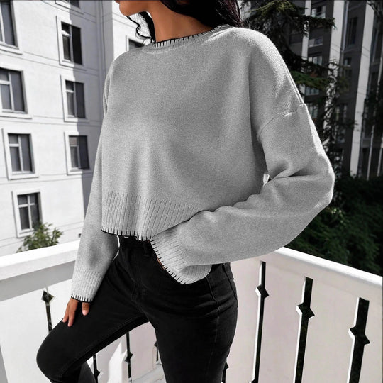 Damen lässiger Strickpullover mit kontrastierenden Nähten und cropped Schnitt R&B