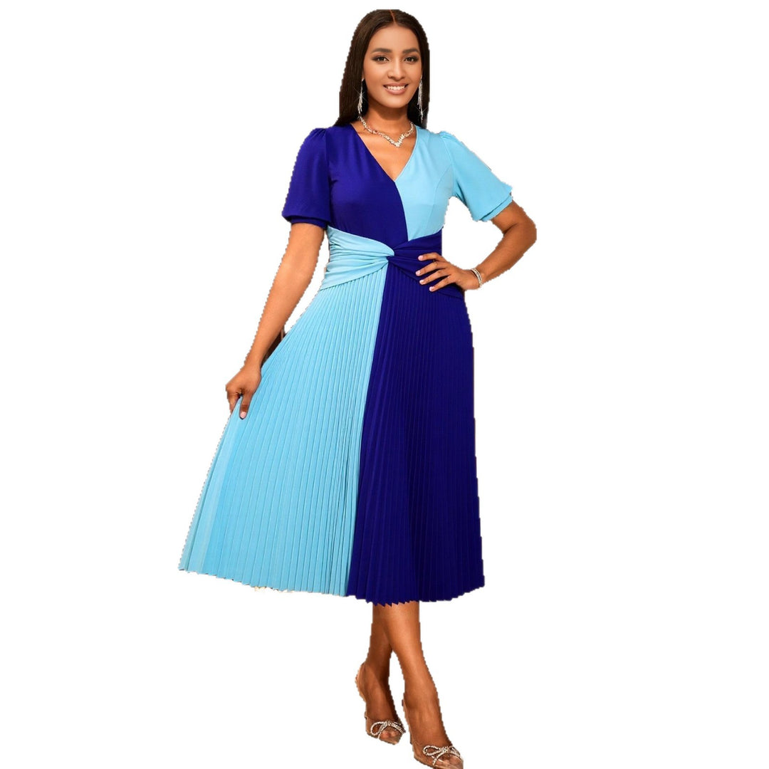 Damen plissiertes Midi-Kleid mit Farbblockdesign und Wickeloptik R&B