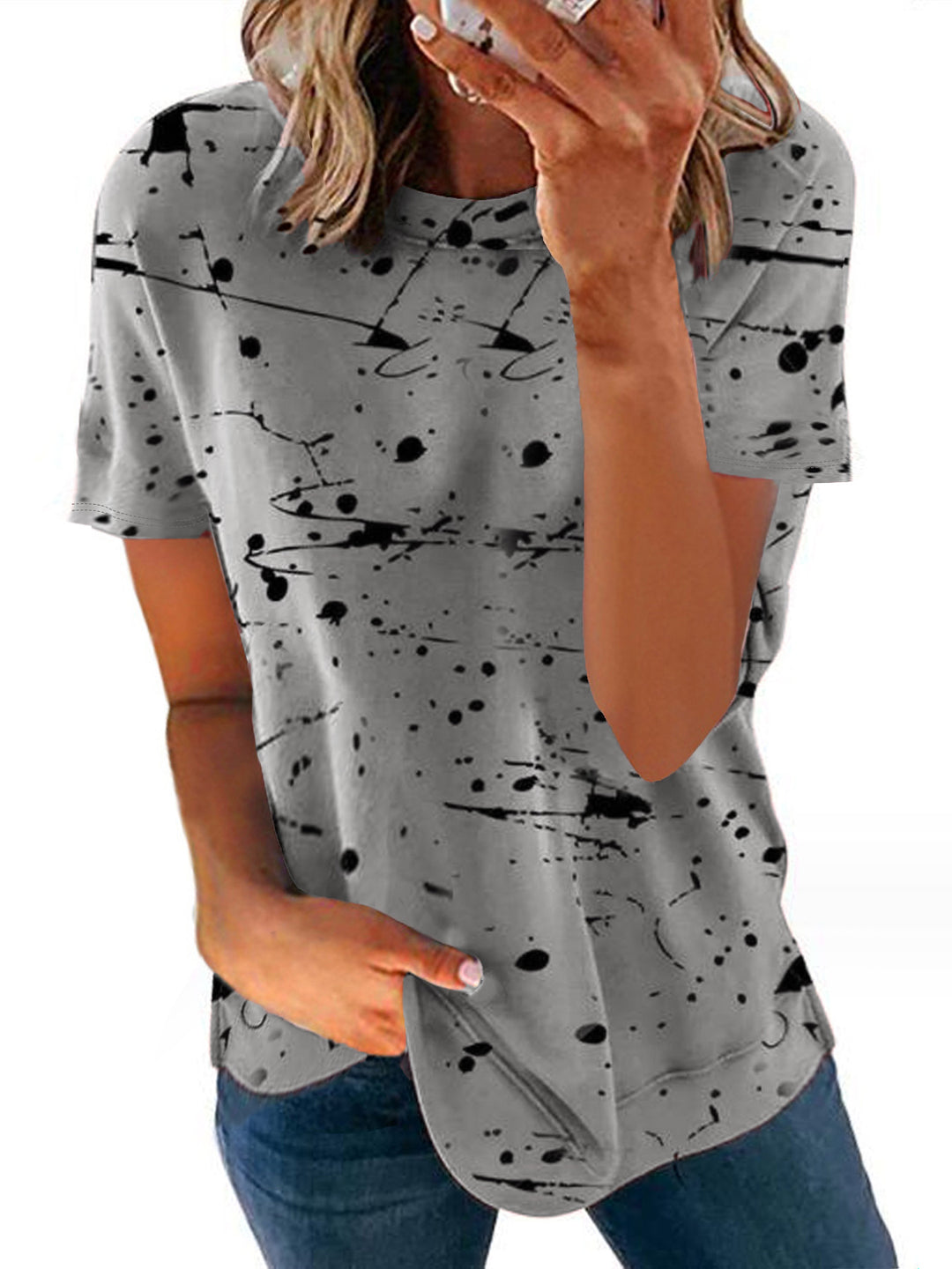 Damen Kreatives Kurzarm-T-Shirt mit modernem Spritzdesign R&B