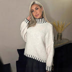 Damen lässiger Grobstrickpullover mit voluminösen Ärmeln und hohem Kragen R&B