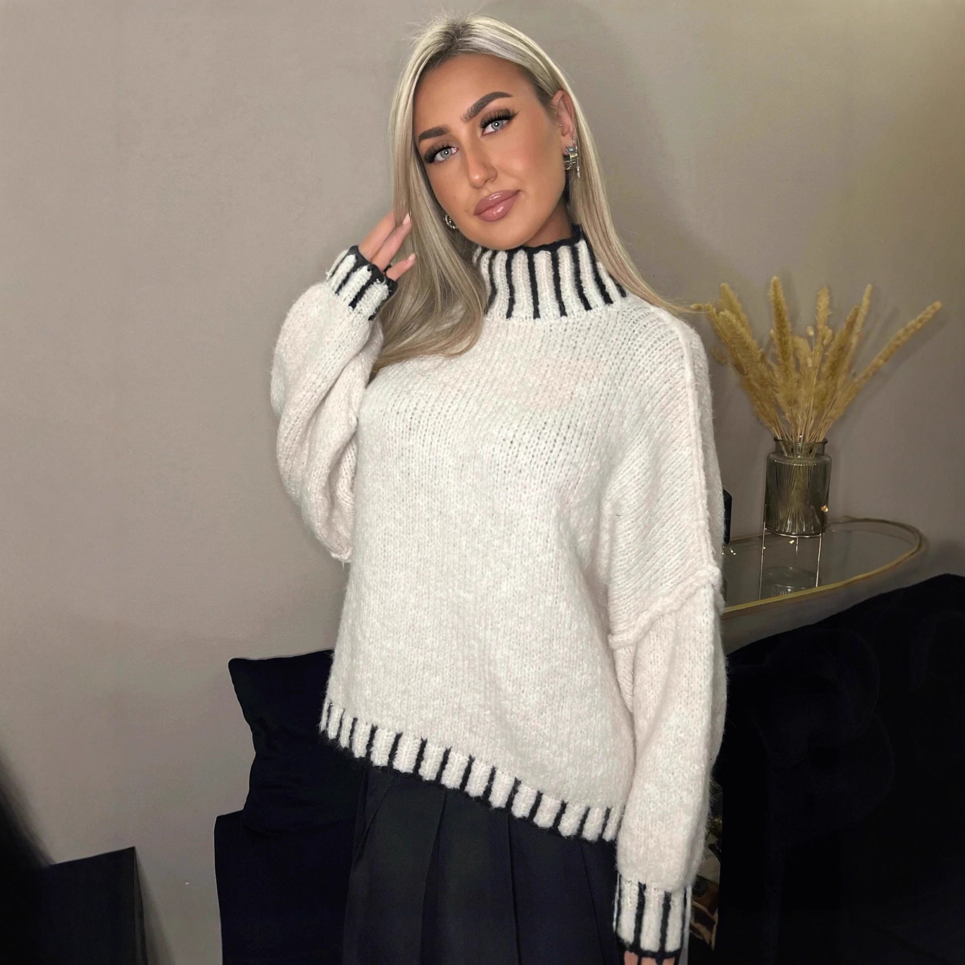 Damen lässiger Grobstrickpullover mit voluminösen Ärmeln und hohem Kragen R&B