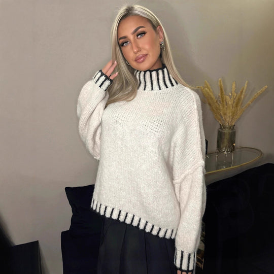 Damen lässiger Grobstrickpullover mit voluminösen Ärmeln und hohem Kragen R&B