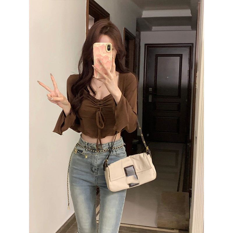 Damen Cropped-Top mit raffiniertem Knoten und weitem Arm