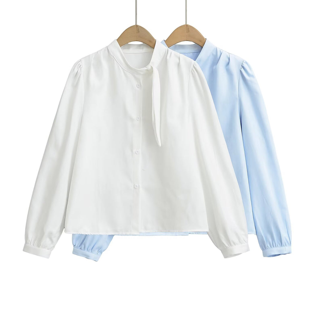Damen Bluse mit Bindegurt und eleganten Puffärmeln R&B