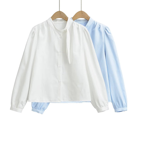 Damen Bluse mit Bindegurt und eleganten Puffärmeln R&B