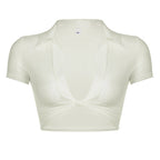 Damen R&Brne cropped Bluse mit tiefem V-Ausschnitt und verspieltem Knoten R&B