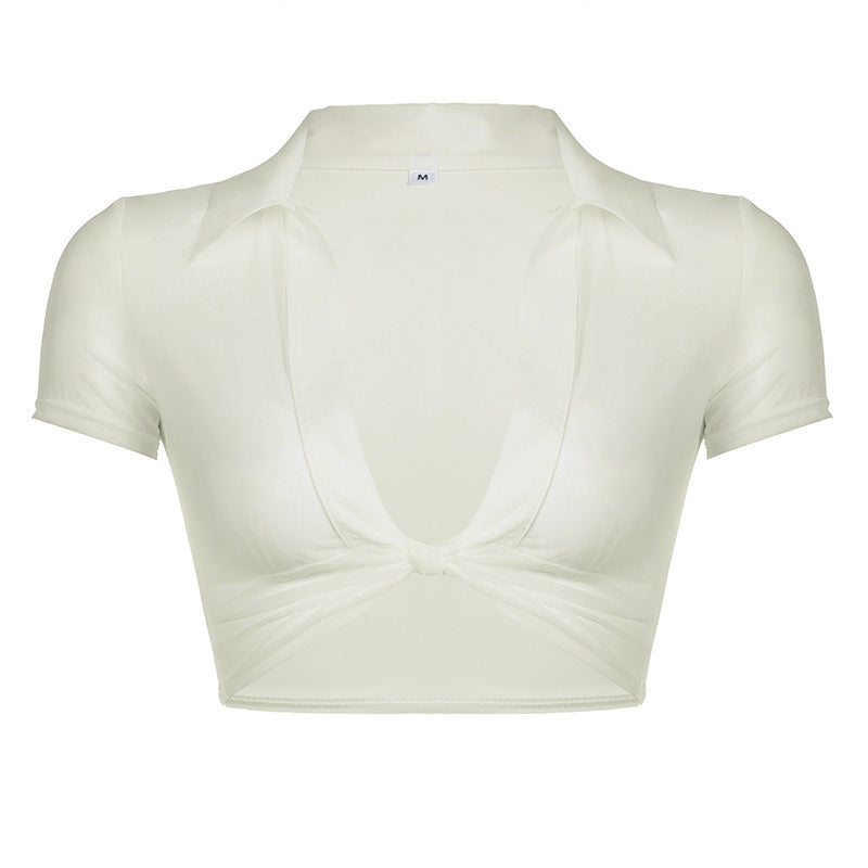 Damen R&Brne cropped Bluse mit tiefem V-Ausschnitt und verspieltem Knoten R&B