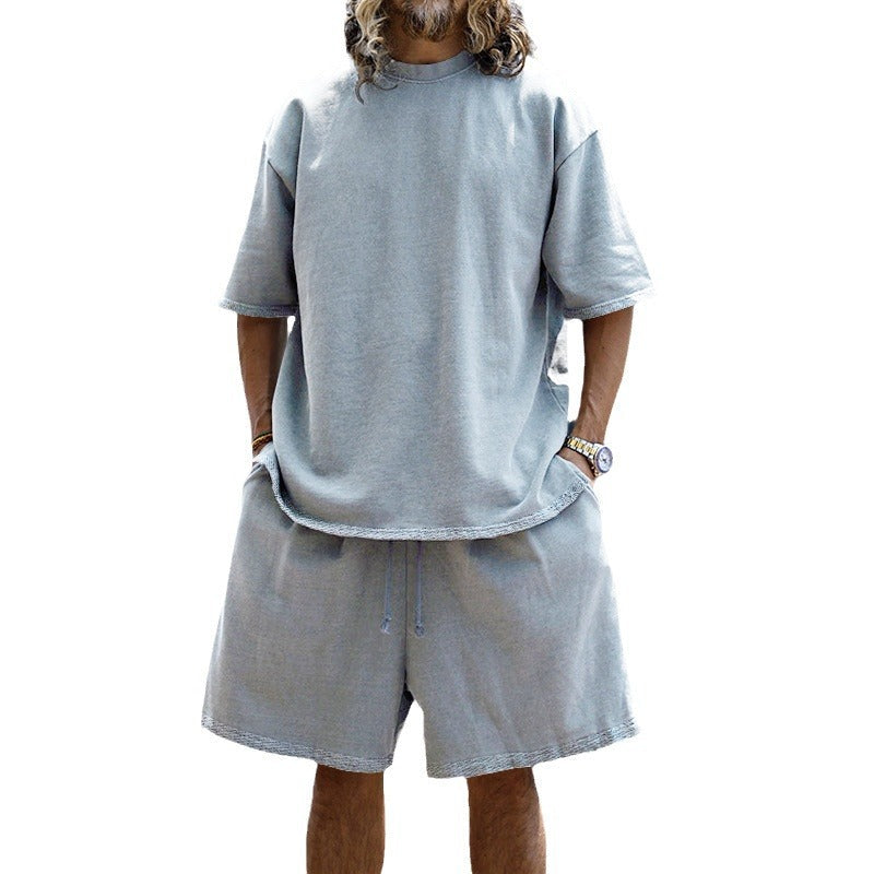 Herren nan kastiges Kurzarmshirt mit lockeren Sweat-Bermudas aus schwerem Baumwolljersey R&B