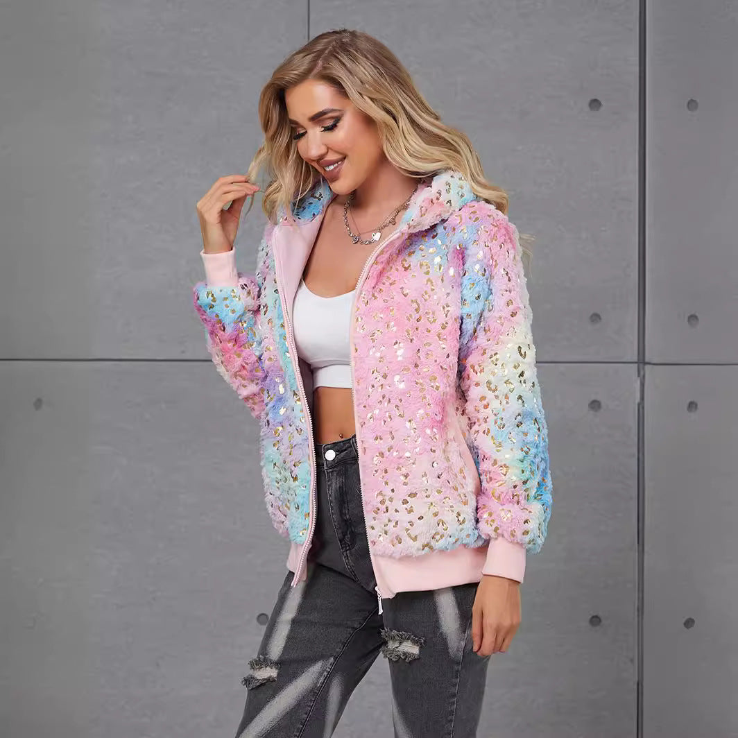 Damen Flauschige Kapuzenjacke mit glitzernden Akzenten R&B