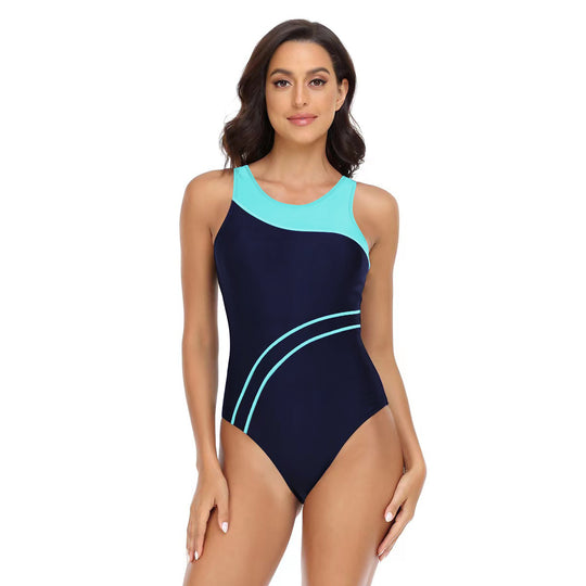 Damen Sportlicher Einteiler Badeanzug mit modischem Farbkontrast R&B