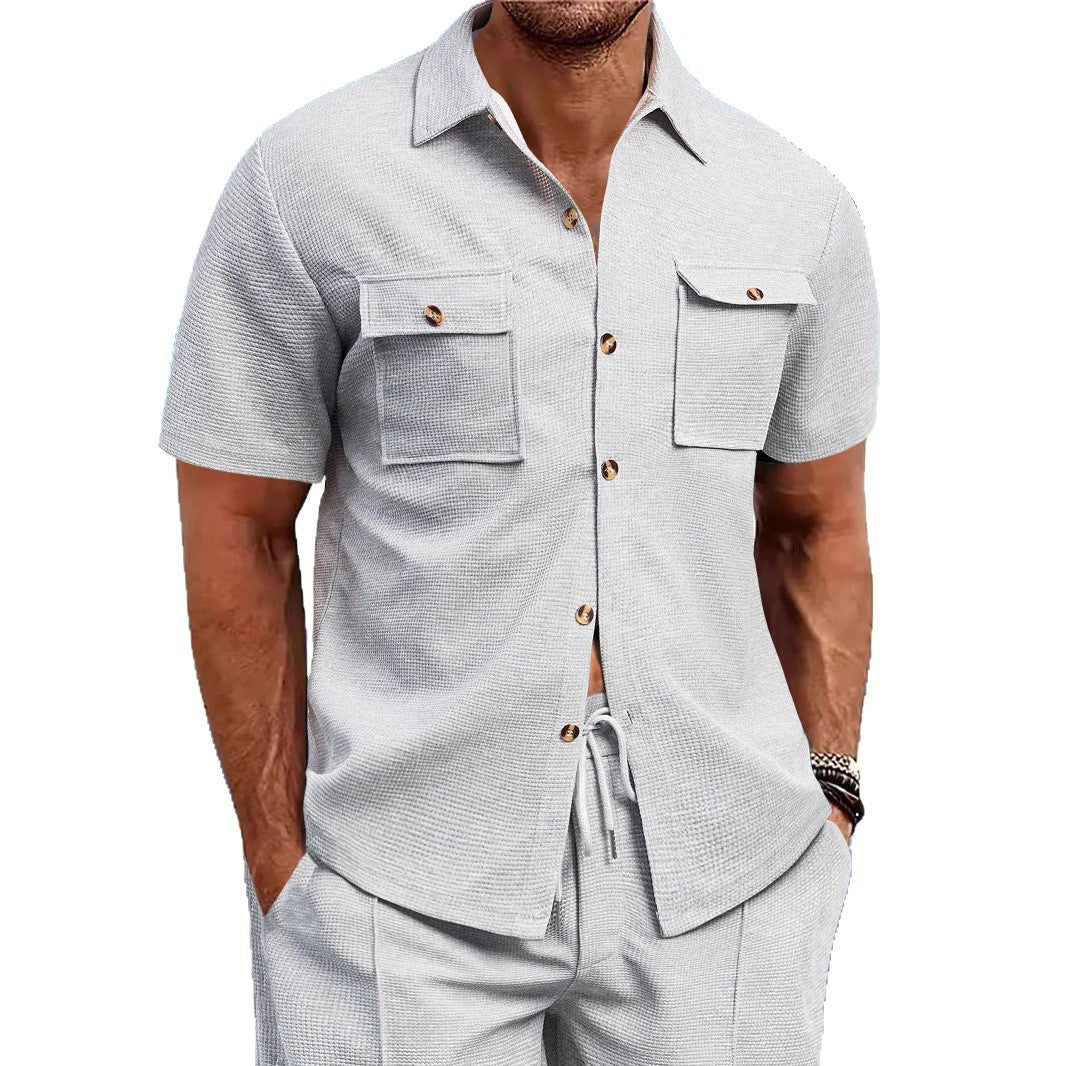 Herren nan strukturiertes Waffel-Lounge-Set mit Hemdjacke, Brustklappen und Kordelhose R&B