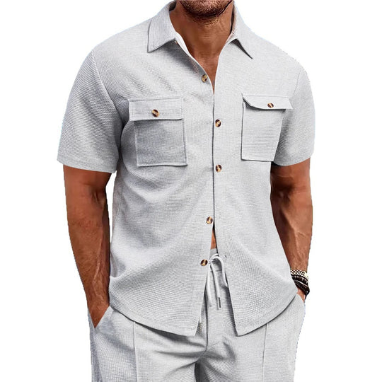 Herren nan strukturiertes Waffel-Lounge-Set mit Hemdjacke, Brustklappen und Kordelhose R&B