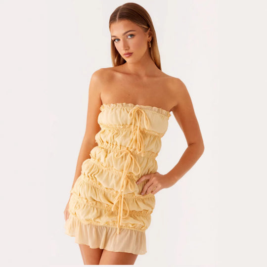 Damen Kurzkleid mit raffinierten Rüschen und verstellbarem Kordelzug R&B