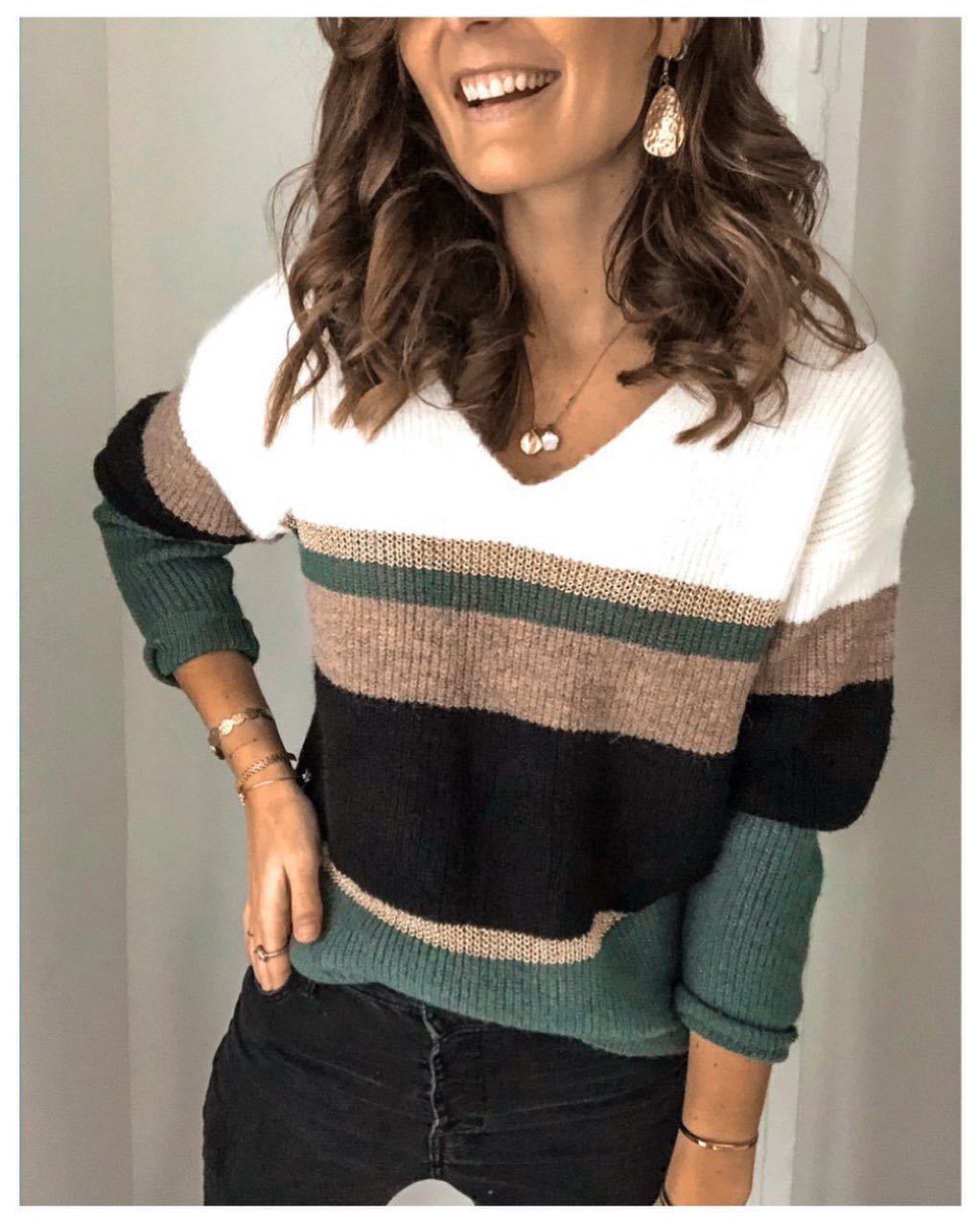 Damen V-Ausschnitt Pullover mit Streifenmuster R&B