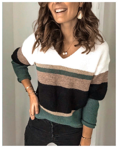 Damen V-Ausschnitt Pullover mit Streifenmuster R&B