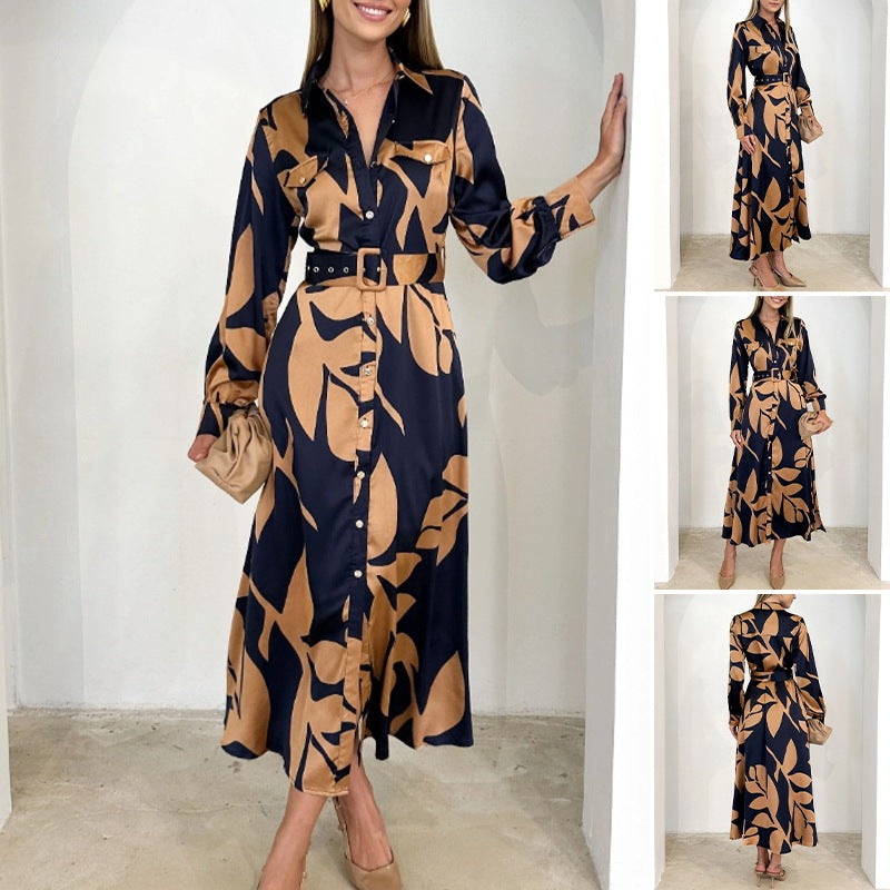 Damen nan elegantes Satin-Hemdkleid mit Taillengürtel, Brusttaschen und abstraktem Blattprint R&B
