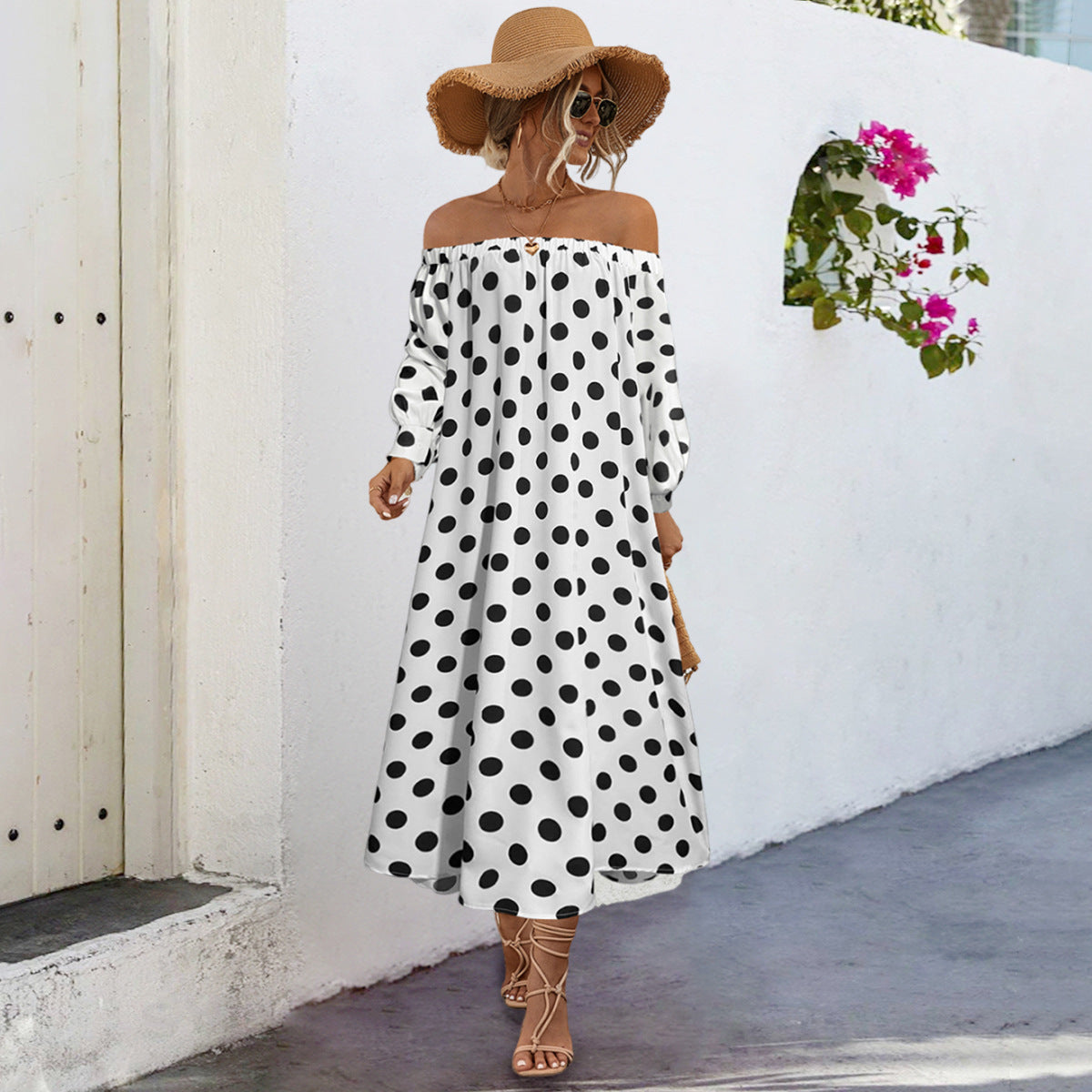 Damen Off-Shoulder Maxikleid mit Polka-Dots und elastischem Bund R&B