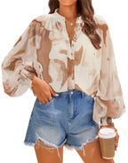 Damen Bluse mit kunstvollem Druck und geschöpften Ärmeln