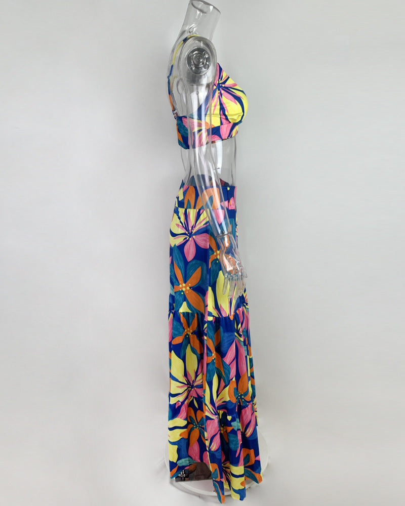 Damen Maxi-Rock mit kurzem Oberteil und buntem Blumenmuster R&B
