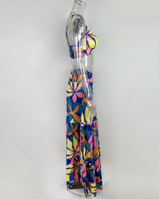Damen Maxi-Rock mit kurzem Oberteil und buntem Blumenmuster R&B