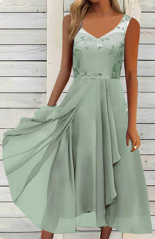Damen nan A-Linien-Chiffonkleid mit floralem Stickoberteil, V-Ausschnitt, drapiertem Godet-Schwung und verdeckten Seitentaschen R&B