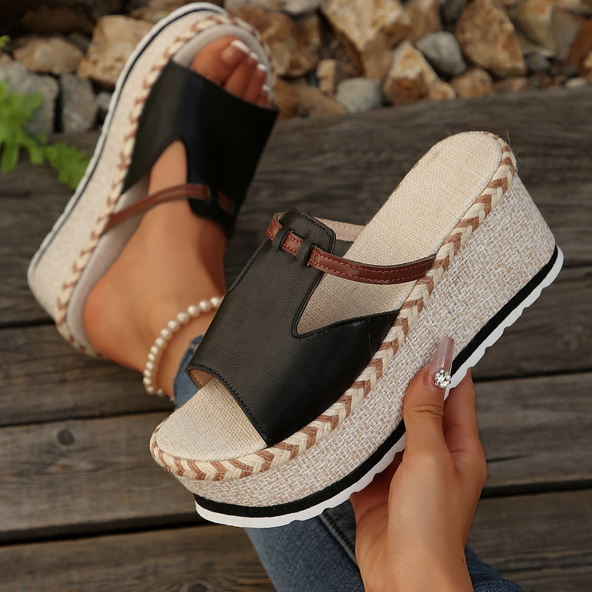 Damen Wedge-Pantoletten mit verstellbarem Riemendesign und natürlicher Jute-Optik R&B