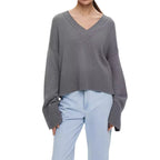 Damen Strickpullover mit tiefem V-Ausschnitt und lässigem Schnitt R&B