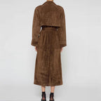 Damen eleganter und taillierter Wildleder-Trenchcoat mit Gürtel R&B