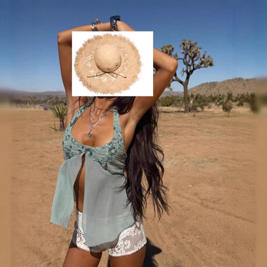 Damen Luftig-fließendes Strandtop mit Rüschendetails und transparenter Blende R&B