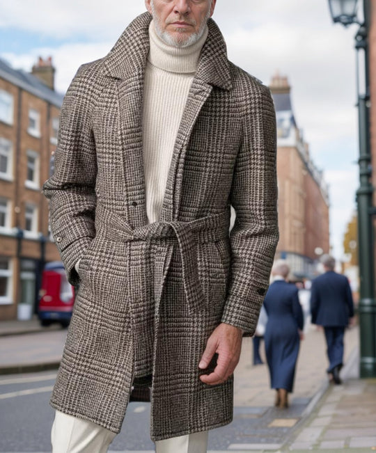 Herren eleganter Trenchcoat mit modernem Karomuster und Taillengürtel R&B