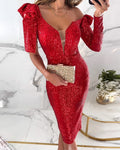 Damen figurbetontes Pailletten-Cocktailkleid mit schulterfreien Ärmeln und tiefem V-Ausschnitt