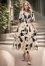 Damen Maxikleid mit voluminösen Puffärmeln und fließendem Rock R&B