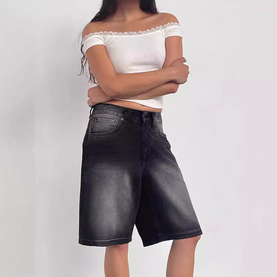 Damen lässige Denim-Shorts mit weitem Schnitt und hohen Seitentaschen R&B